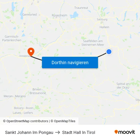 Sankt Johann Im Pongau to Stadt Hall In Tirol map