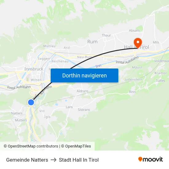 Gemeinde Natters to Stadt Hall In Tirol map