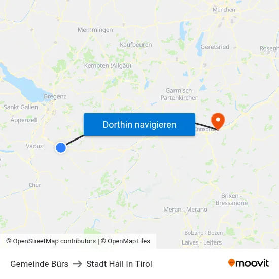 Gemeinde Bürs to Stadt Hall In Tirol map