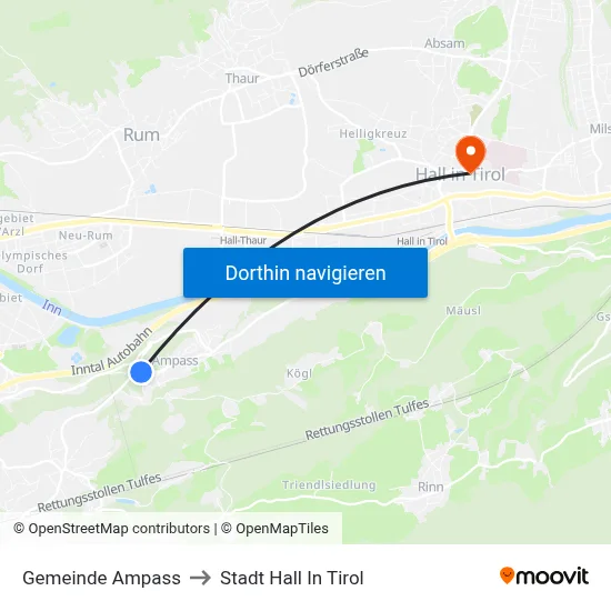 Gemeinde Ampass to Stadt Hall In Tirol map