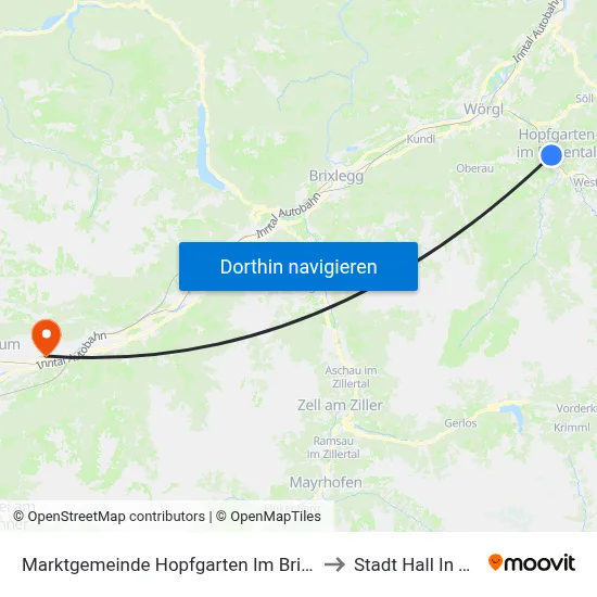 Marktgemeinde Hopfgarten Im Brixental to Stadt Hall In Tirol map
