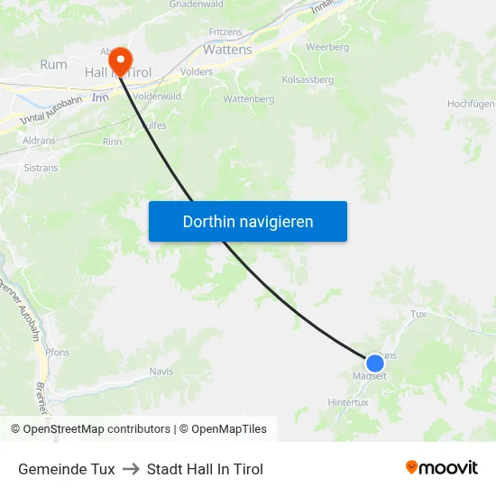 Gemeinde Tux to Stadt Hall In Tirol map