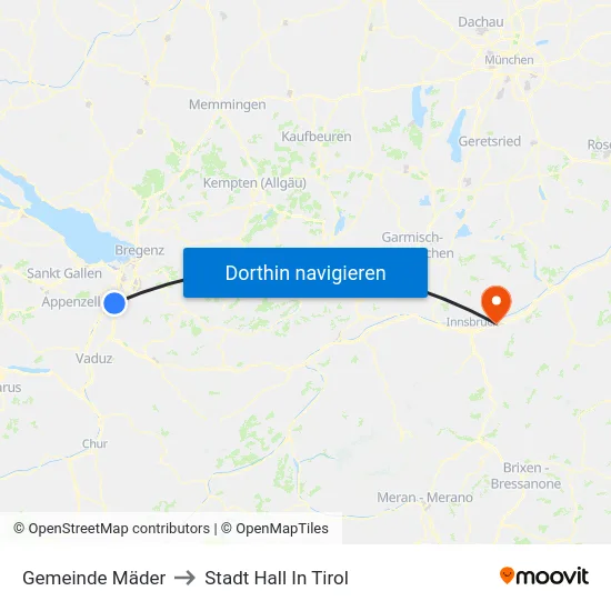 Gemeinde Mäder to Stadt Hall In Tirol map