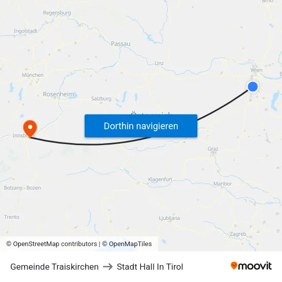 Gemeinde Traiskirchen to Stadt Hall In Tirol map