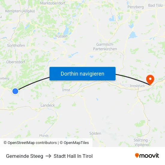 Gemeinde Steeg to Stadt Hall In Tirol map