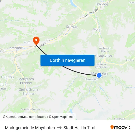 Marktgemeinde Mayrhofen to Stadt Hall In Tirol map