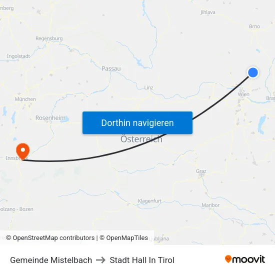 Gemeinde Mistelbach to Stadt Hall In Tirol map