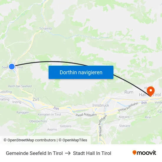 Gemeinde Seefeld In Tirol to Stadt Hall In Tirol map