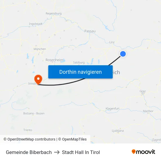 Gemeinde Biberbach to Stadt Hall In Tirol map