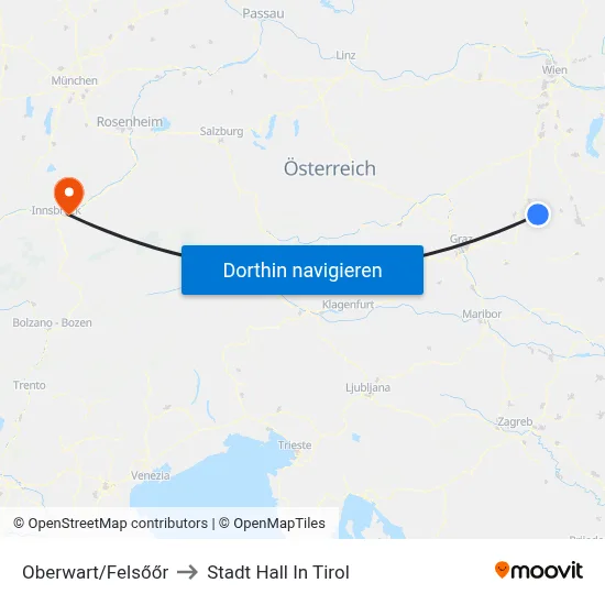 Oberwart/Felsőőr to Stadt Hall In Tirol map