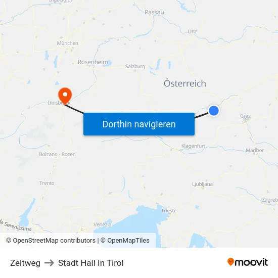 Zeltweg to Stadt Hall In Tirol map