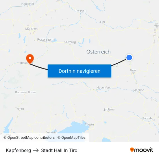 Kapfenberg to Stadt Hall In Tirol map