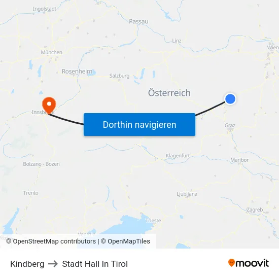 Kindberg to Stadt Hall In Tirol map