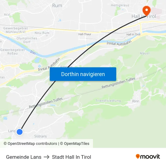 Gemeinde Lans to Stadt Hall In Tirol map