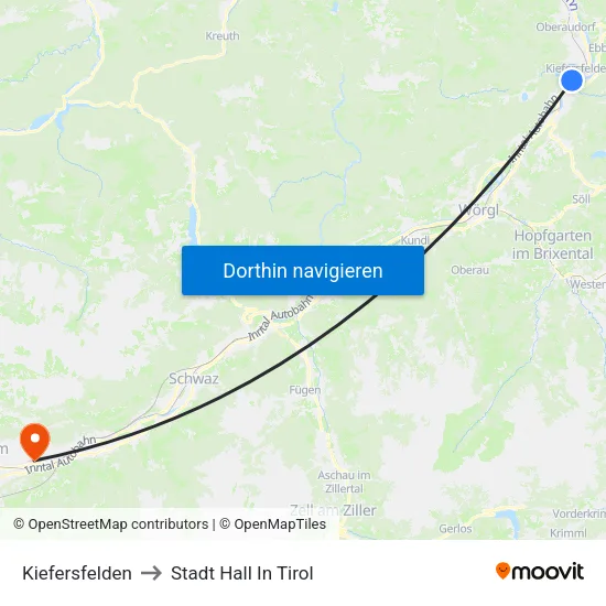 Kiefersfelden to Stadt Hall In Tirol map