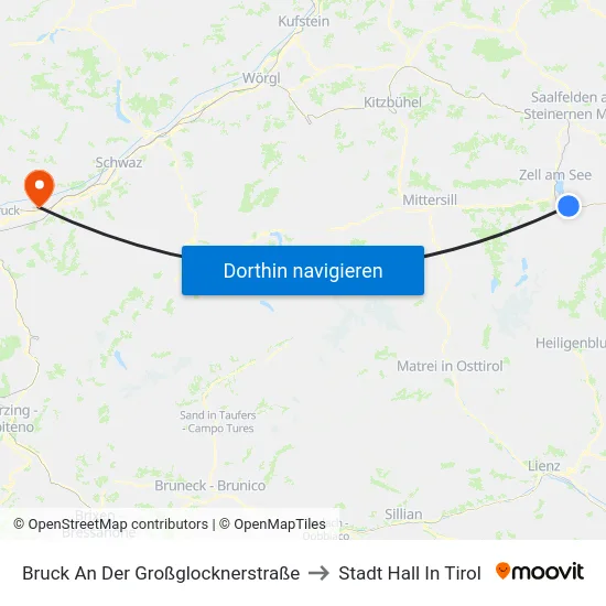 Bruck An Der Großglocknerstraße to Stadt Hall In Tirol map