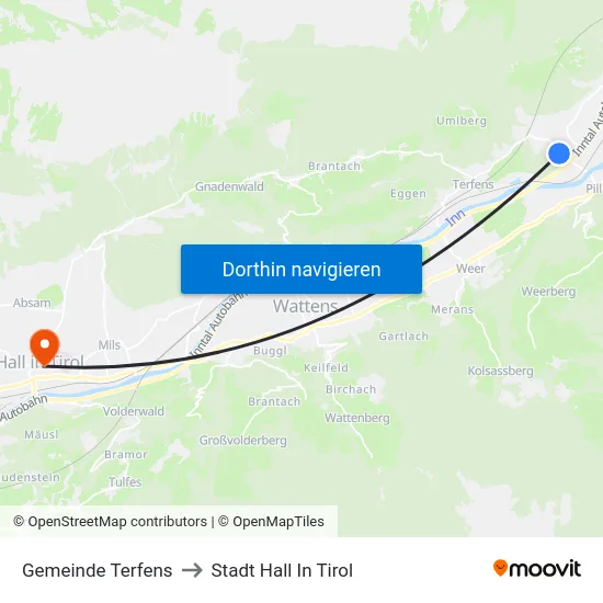 Gemeinde Terfens to Stadt Hall In Tirol map