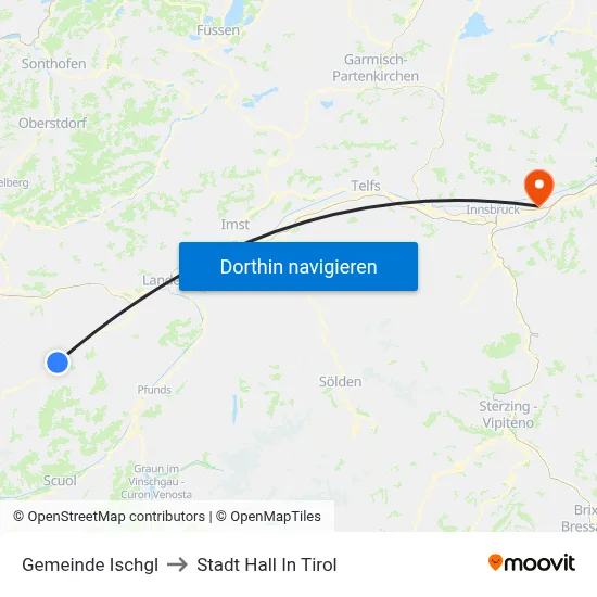 Gemeinde Ischgl to Stadt Hall In Tirol map