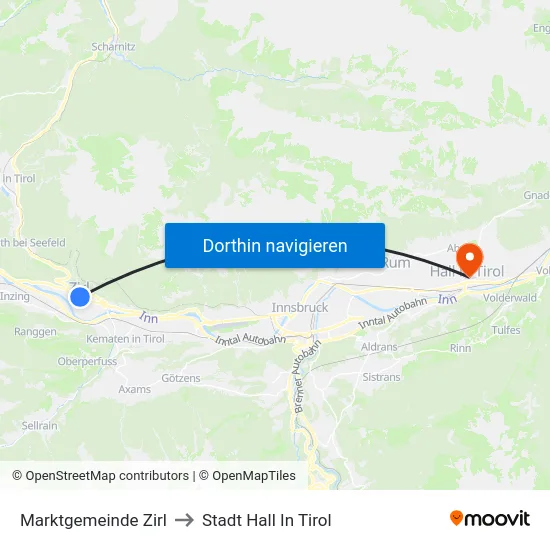 Marktgemeinde Zirl to Stadt Hall In Tirol map