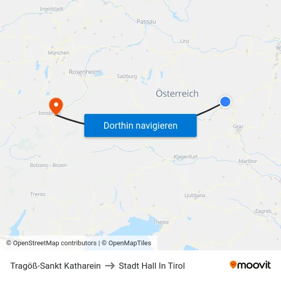 Tragöß-Sankt Katharein to Stadt Hall In Tirol map