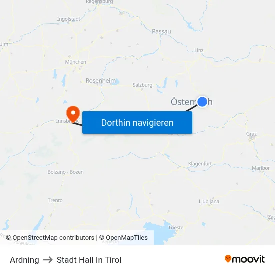 Ardning to Stadt Hall In Tirol map