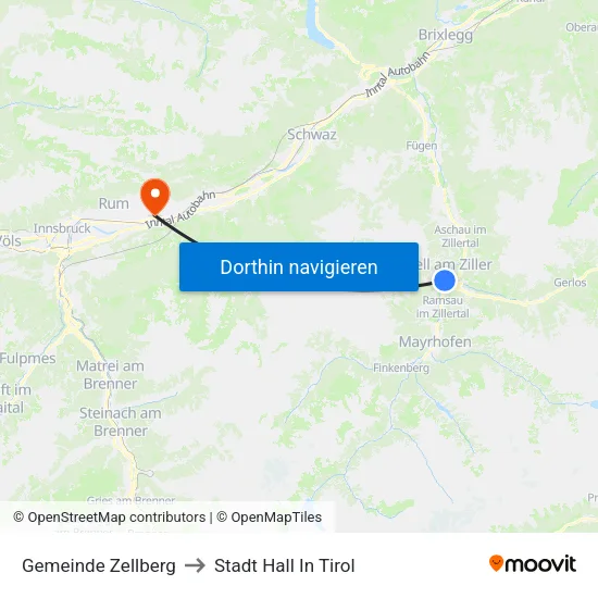 Gemeinde Zellberg to Stadt Hall In Tirol map