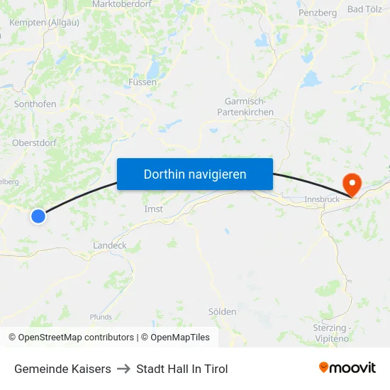 Gemeinde Kaisers to Stadt Hall In Tirol map