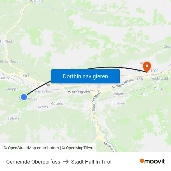 Gemeinde Oberperfuss to Stadt Hall In Tirol map
