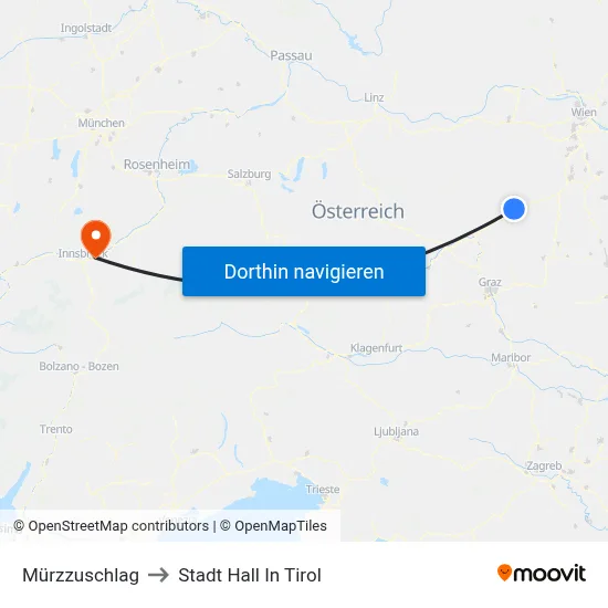 Mürzzuschlag to Stadt Hall In Tirol map