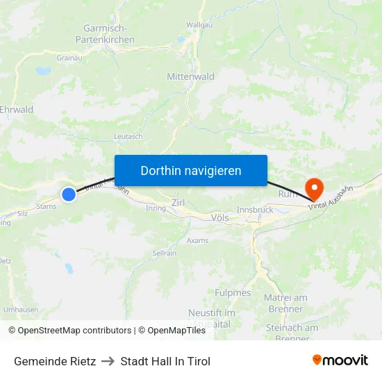 Gemeinde Rietz to Stadt Hall In Tirol map