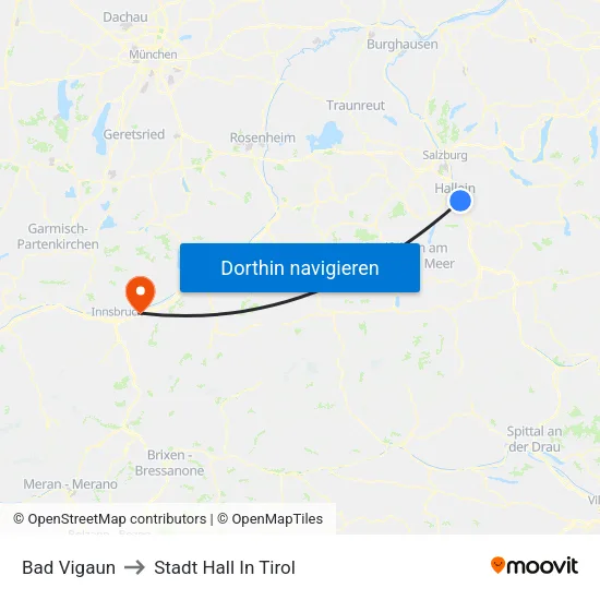 Bad Vigaun to Stadt Hall In Tirol map