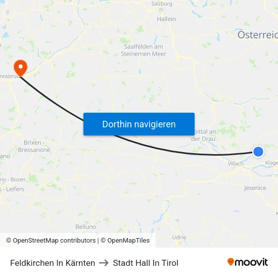 Feldkirchen In Kärnten to Stadt Hall In Tirol map