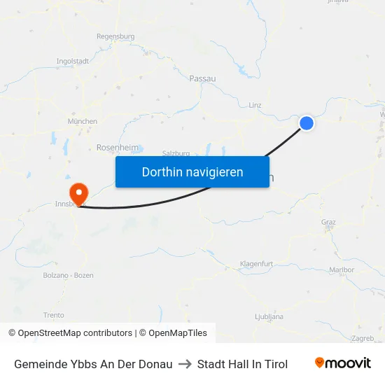 Gemeinde Ybbs An Der Donau to Stadt Hall In Tirol map