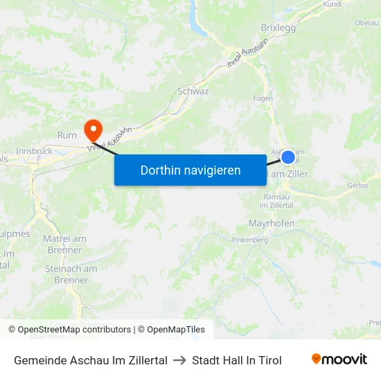 Gemeinde Aschau Im Zillertal to Stadt Hall In Tirol map