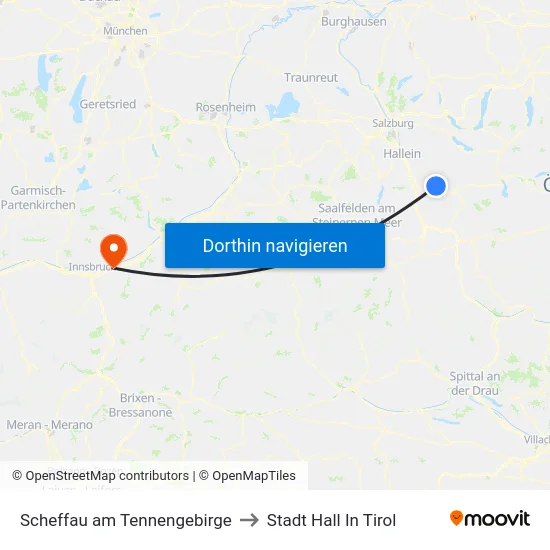 Scheffau am Tennengebirge to Stadt Hall In Tirol map