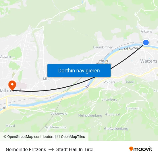 Gemeinde Fritzens to Stadt Hall In Tirol map