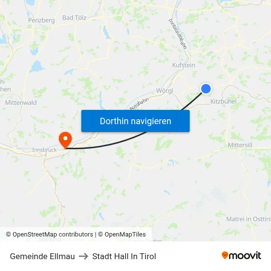 Gemeinde Ellmau to Stadt Hall In Tirol map