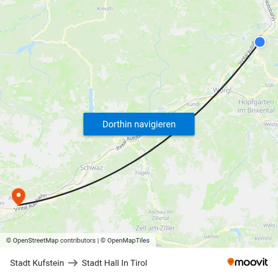 Stadt Kufstein to Stadt Hall In Tirol map