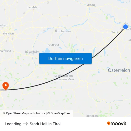 Leonding to Stadt Hall In Tirol map