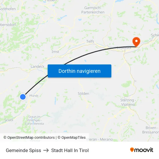 Gemeinde Spiss to Stadt Hall In Tirol map
