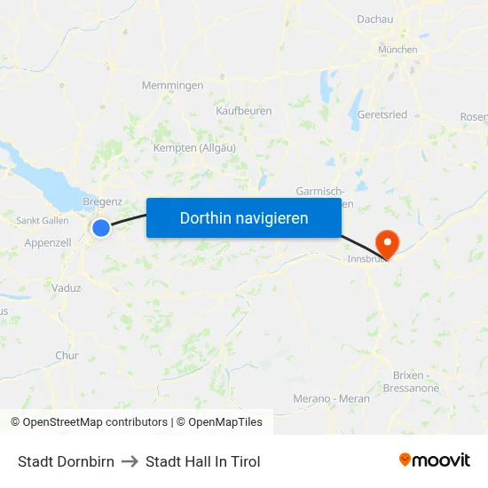Stadt Dornbirn to Stadt Hall In Tirol map