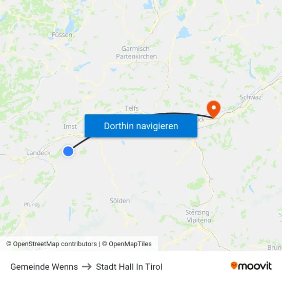 Gemeinde Wenns to Stadt Hall In Tirol map