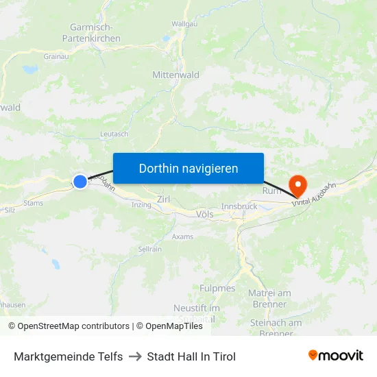 Marktgemeinde Telfs to Stadt Hall In Tirol map