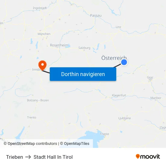 Trieben to Stadt Hall In Tirol map