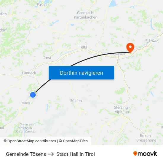 Gemeinde Tösens to Stadt Hall In Tirol map