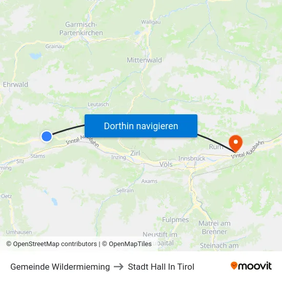 Gemeinde Wildermieming to Stadt Hall In Tirol map