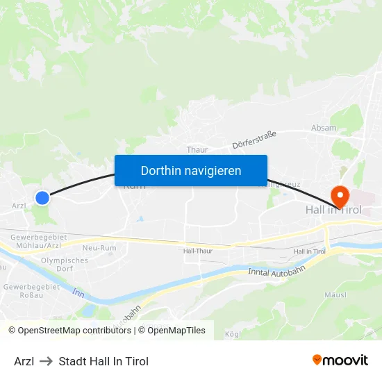 Arzl to Stadt Hall In Tirol map