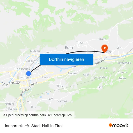 Innsbruck to Stadt Hall In Tirol map