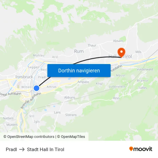 Pradl to Stadt Hall In Tirol map