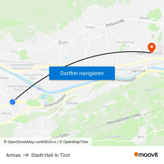 Amras to Stadt Hall In Tirol map